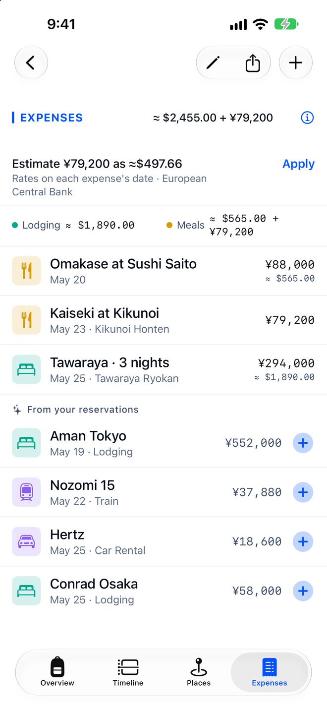 A trip’s expenses in yen, with their dollar amounts and one estimate ready to apply