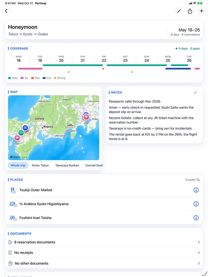 The Honeymoon trip on iPad: coverage, map, and notes side by side