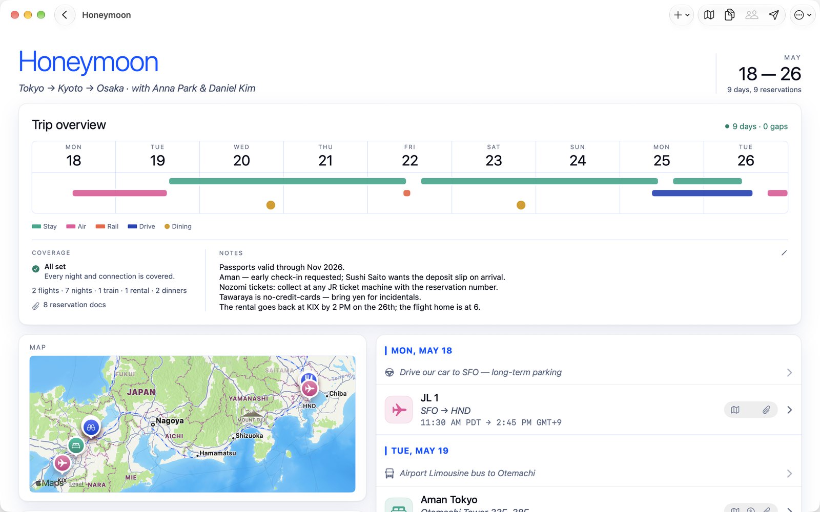 The Honeymoon trip on a Mac: the days, the map, and every reservation in one window