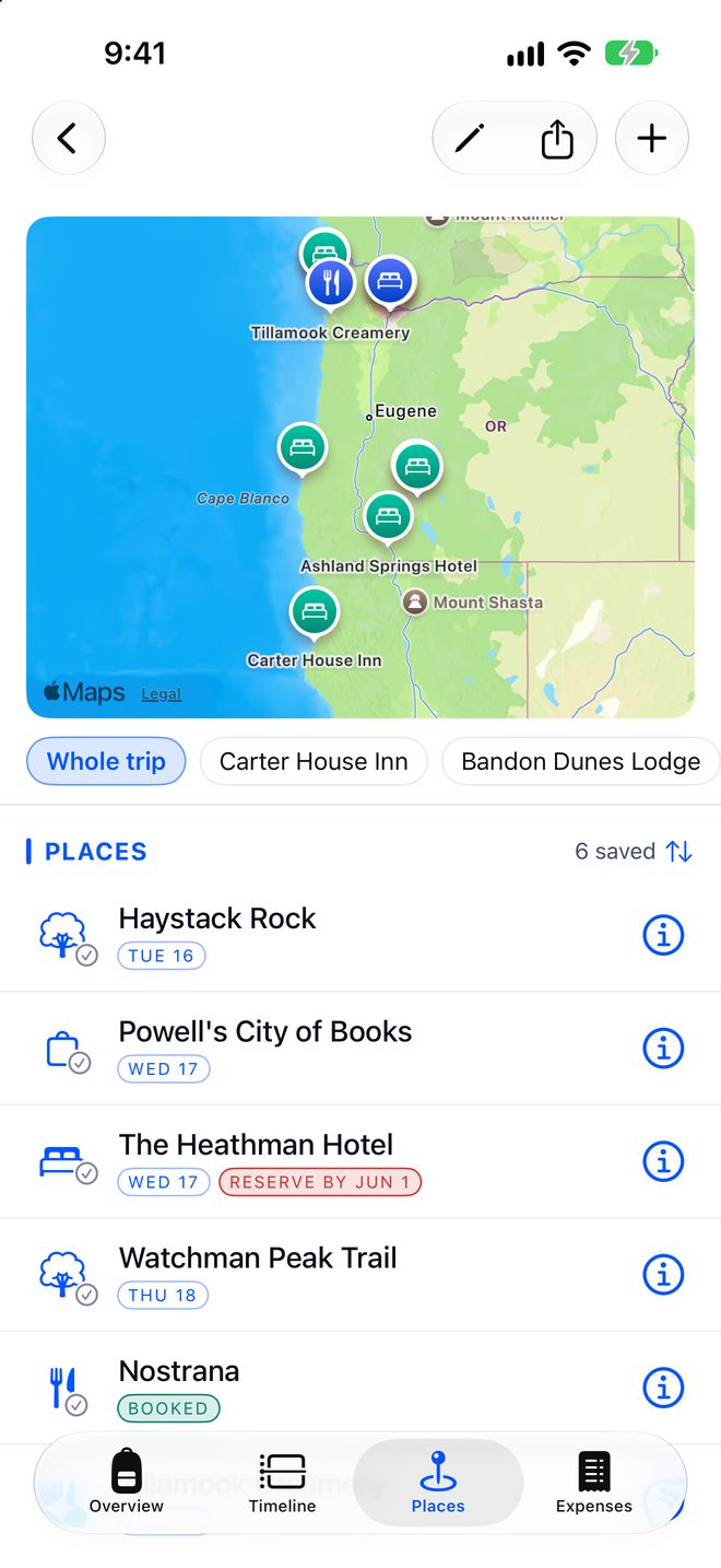 A road trip’s saved places on a map, each with its day