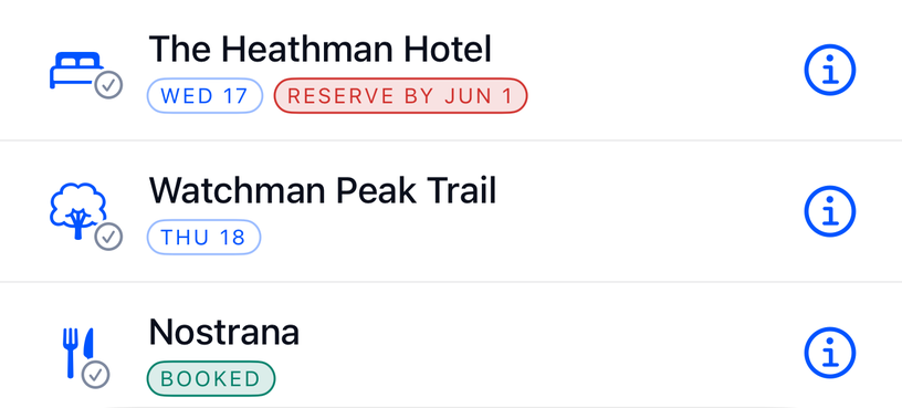 Saved places: a hotel planned for Wed 17 with Reserve by Jun 1, a trail for Thu 18, and a restaurant marked Booked